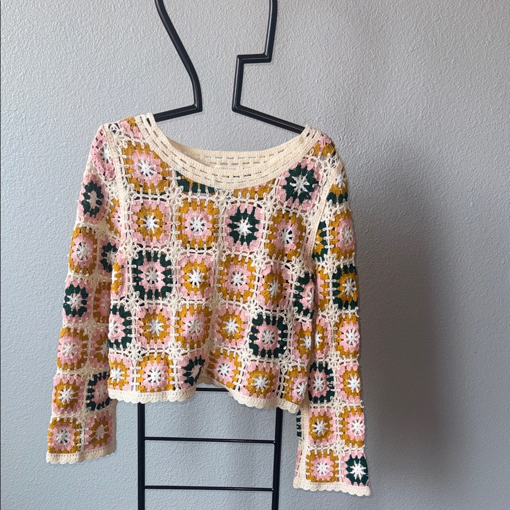 Cream Crochet Patchwork Sweater with Pink, Mustard & Green Size XS